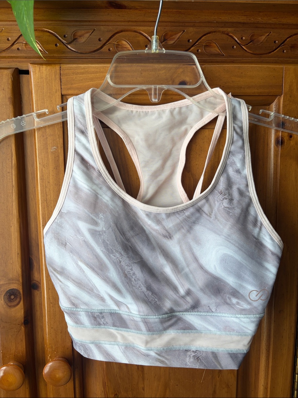 CALIA Marble-Print Racerback Sports Bra — Blush & Light Gray
